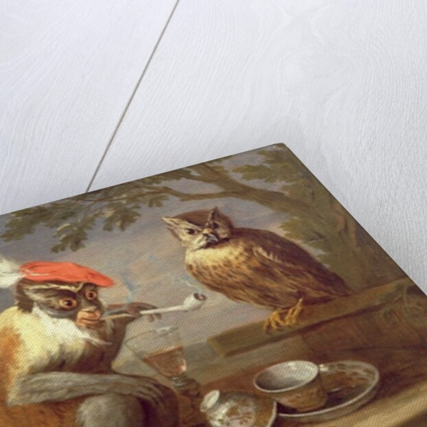 A monkey smoking and drinking with an owl by Ferdinand van Kessel