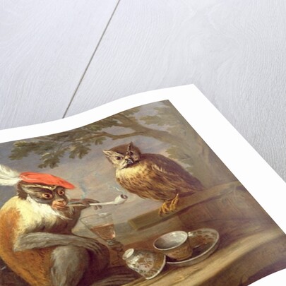 A monkey smoking and drinking with an owl by Ferdinand van Kessel