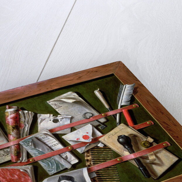 Trompe l'oeil letter rack with a print of an old man, 1703 by Edwaert Colyer