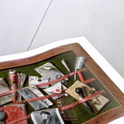 Trompe l'oeil letter rack with a print of an old man, 1703 by Edwaert Colyer