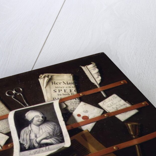Trompe l'oeil letter rack with a print of a woman and a Parliamentary speech of 1704 by Edwaert Colyer or Collier