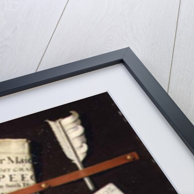 Trompe l'oeil letter rack with a print of a woman and a Parliamentary speech of 1704 by Edwaert Colyer or Collier