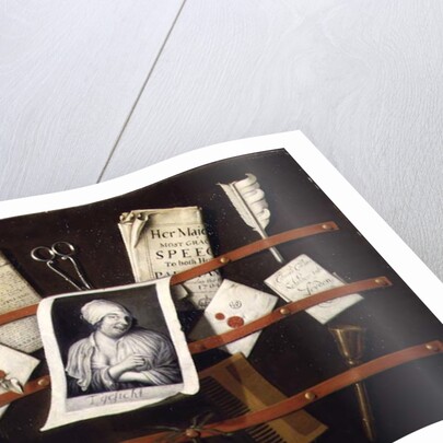 Trompe l'oeil letter rack with a print of a woman and a Parliamentary speech of 1704 by Edwaert Colyer or Collier