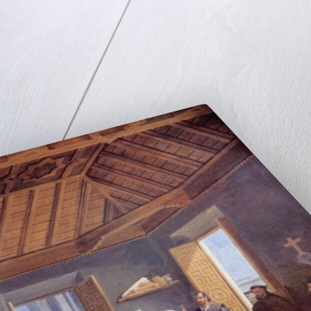 Christopher Columbus, accompanied by his son, Diego, explains his exploration plans to the prior of the Franciscan monastery of Santa Maria de la Rabida, the physician Garcia Fernandes and Alonso Pinzon by Juan Cabral Bejarano