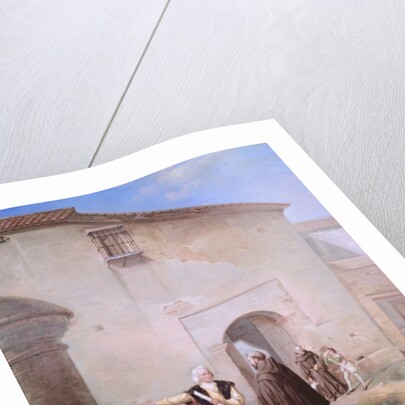 The Franciscan friars of the Convento of Santa Maria de la Rabida give bread and water to Christopher Columbus and his son Diego, 1858 by Antonio Cabral Bejarano