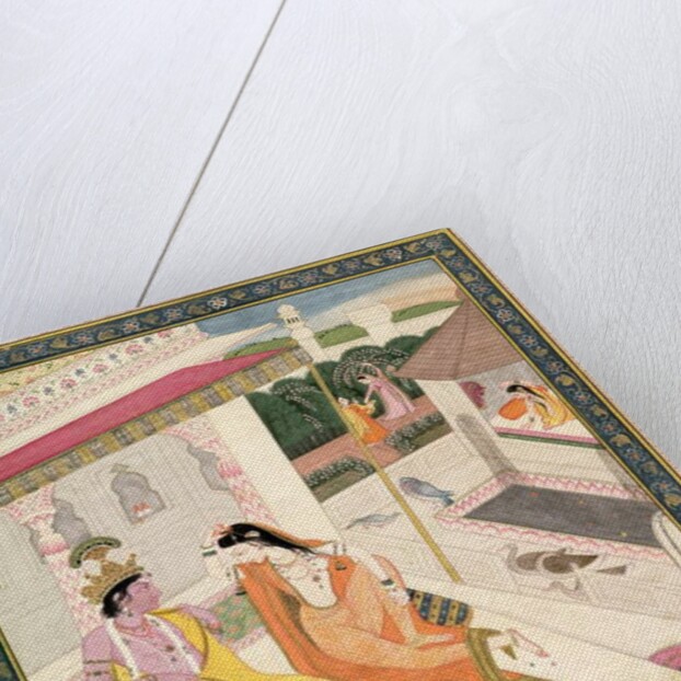 Krishna and Radha on a bed in a Mogul palace, Punjab, c.1860 by Indian School