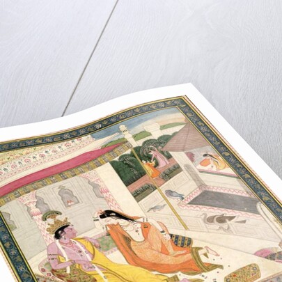 Krishna and Radha on a bed in a Mogul palace, Punjab, c.1860 by Indian School