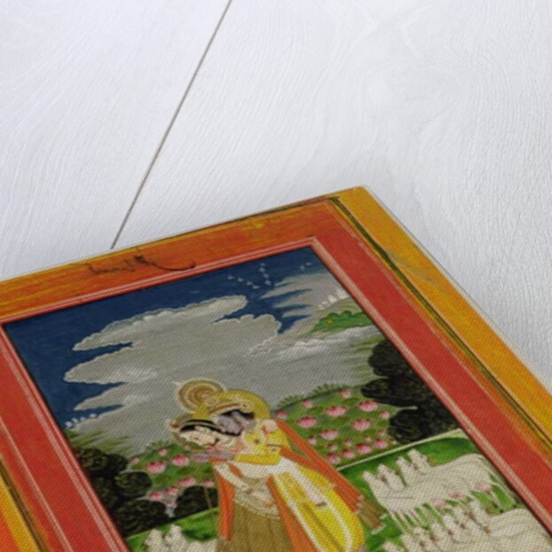 Radha and Krishna embrace in an idealised landscape with cows, c.1780 by Indian School