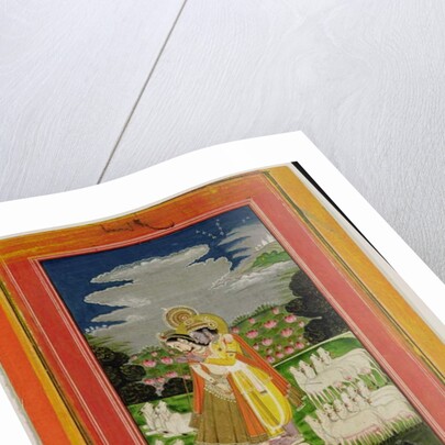 Radha and Krishna embrace in an idealised landscape with cows, c.1780 by Indian School