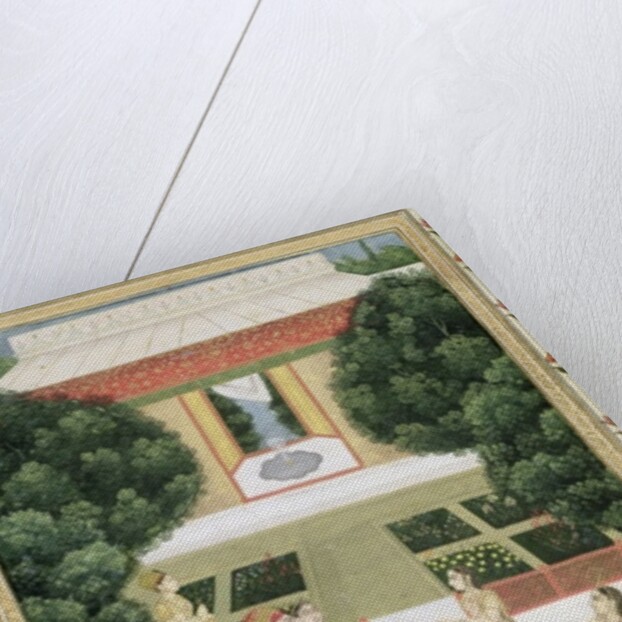 A couple in a garden listening to music with female attendants by Mughal School