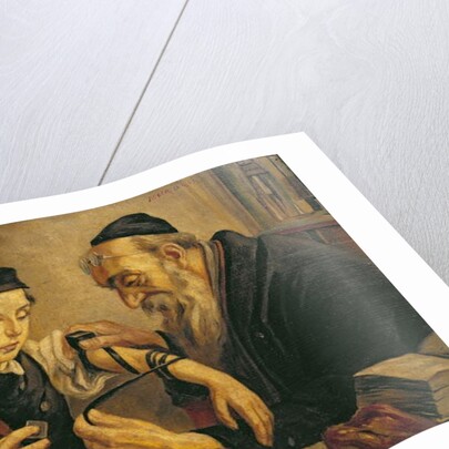 A Rabbi tying the Phylacteries to the arm of a boy by Franz Obermüller