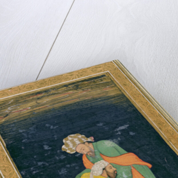 A Mullah bowing down to a man in Iranian dress who lifts him up from his supplication by School Mughal