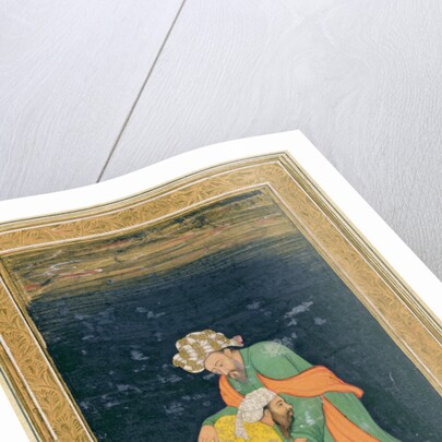 A Mullah bowing down to a man in Iranian dress who lifts him up from his supplication by School Mughal