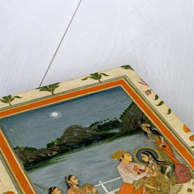 Lovers on a terrace by a moonlit lake by School Mughal