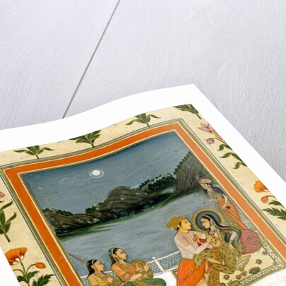 Lovers on a terrace by a moonlit lake by School Mughal