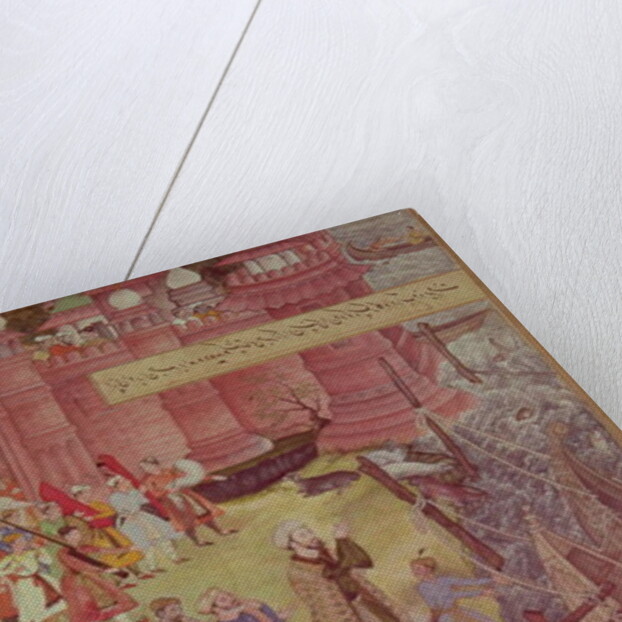 A Bridge of boats broken by Akbar on his elephant while crossing the river Jumna by Mughal School