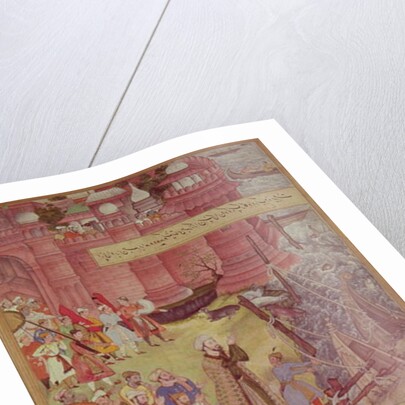 A Bridge of boats broken by Akbar on his elephant while crossing the river Jumna by Mughal School