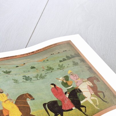 A Jasrota prince, possibly Balwant Singh, on a riding expedition, by Nainsukh Kashmir, c.1751 by Indian School