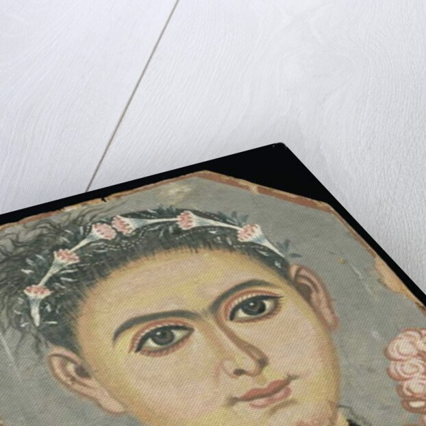 Portrait of a Young Person: boy with a floral garland in his hair, possibly from Er-Rubiyat, Faiyum, Egypt, c.200-230 by Roman