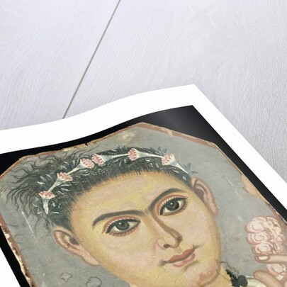 Portrait of a Young Person: boy with a floral garland in his hair, possibly from Er-Rubiyat, Faiyum, Egypt, c.200-230 by Roman