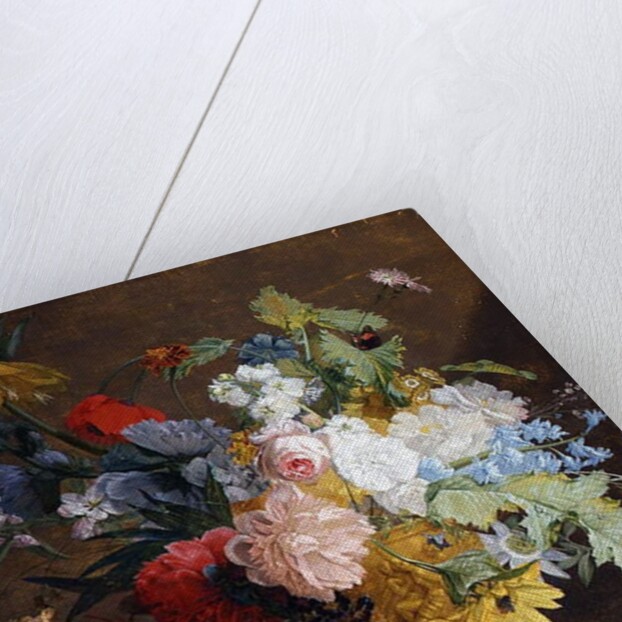 Still Life of Flowers in a Golden Vase on a Marble Ledge by Jan van Huysum