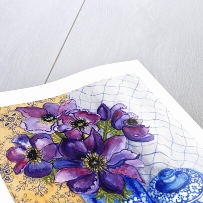 Anemones in a Blue and White Vase with Pot and Textiles, 2012 by Joan Thewsey