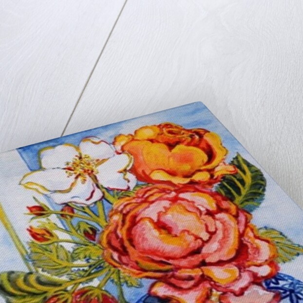 Cottage Roses, Round Blue and White Vase, 2004 by Joan Thewsey