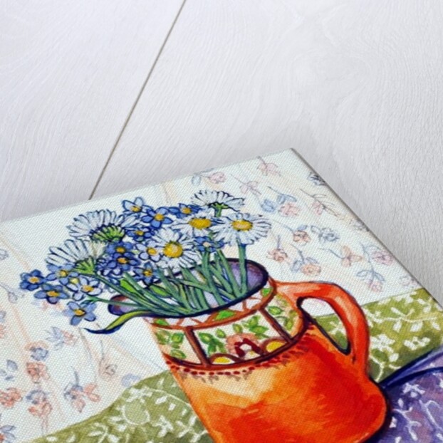 Daisies and Forget-Me-Nots Orange Jug and Patterned Fabric, 2015 by Joan Thewsey