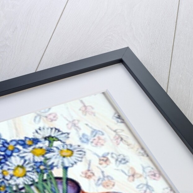 Daisies and Forget-Me-Nots Orange Jug and Patterned Fabric, 2015 by Joan Thewsey