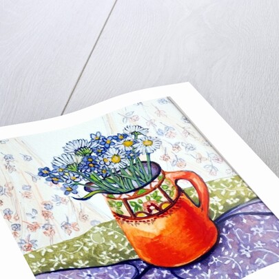 Daisies and Forget-Me-Nots Orange Jug and Patterned Fabric, 2015 by Joan Thewsey