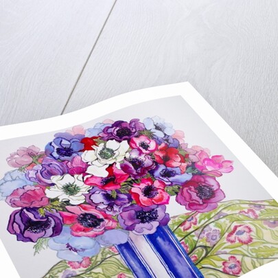 Anemones in a Striped Pot, 2015 by Joan Thewsey