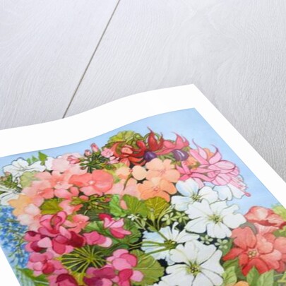 Petunias, Geraniums and Fuchsias in a Terrace Pot, 2005 by Joan Thewsey