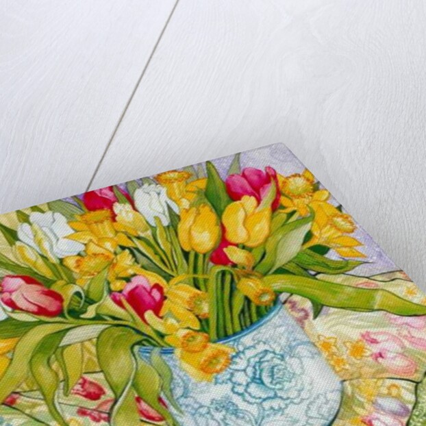 Tulips and Daffodils with Patterned Textiles, 2000 by Joan Thewsey