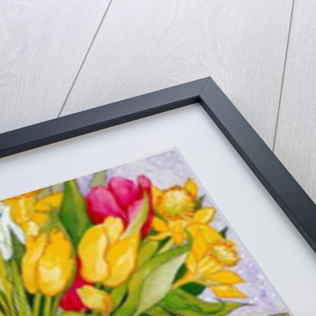 Tulips and Daffodils with Patterned Textiles, 2000 by Joan Thewsey