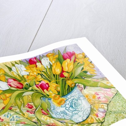 Tulips and Daffodils with Patterned Textiles, 2000 by Joan Thewsey