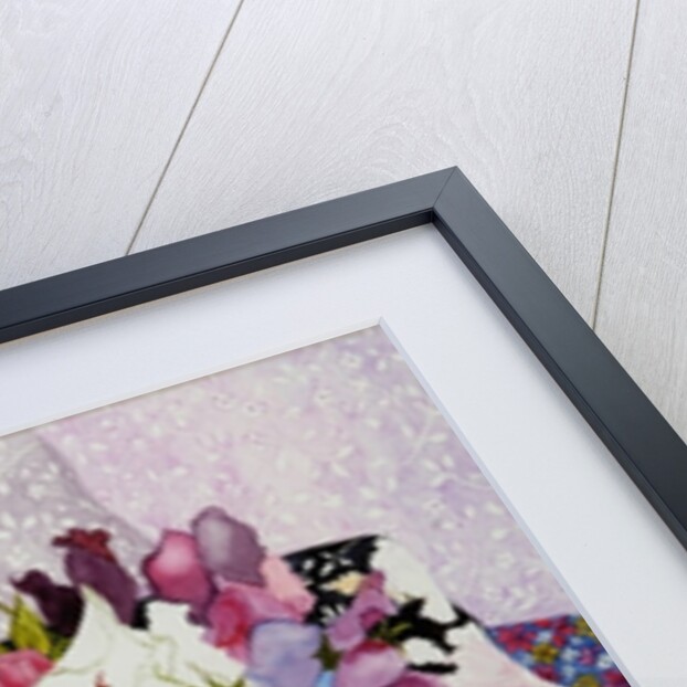 Sweet peas in a blue and white jug with blue and white pot and textiles by Joan Thewsey