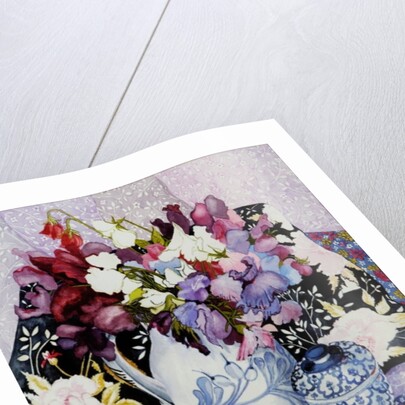 Sweet peas in a blue and white jug with blue and white pot and textiles by Joan Thewsey