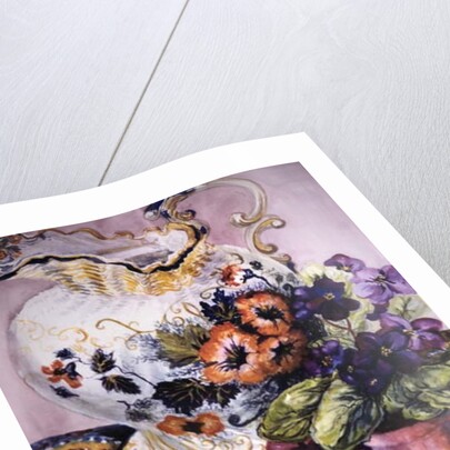 African Violets with Victorian Jug and Pears by Joan Thewsey