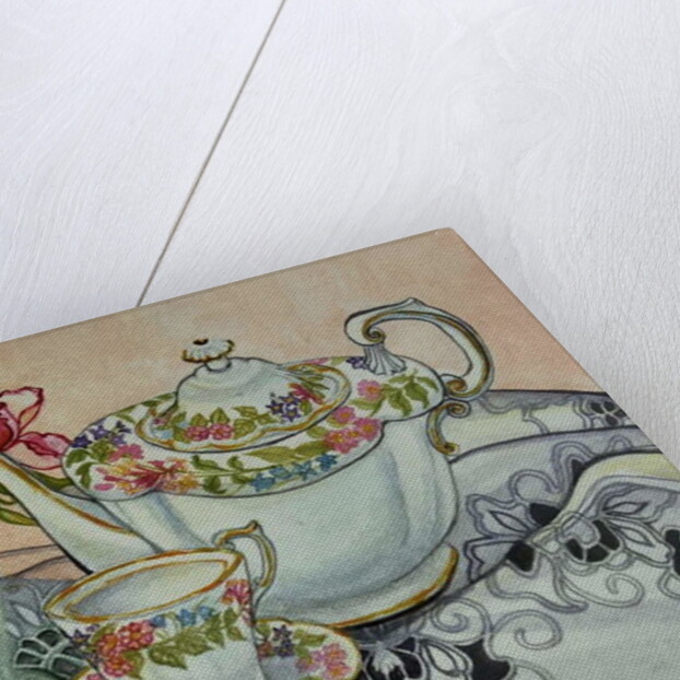Teatime with Roses and a cutwork cloth by Joan Thewsey
