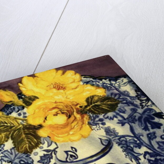 Yellow Roses in a Blue and White Vase with Patterned Blue and White Textiles by Joan Thewsey