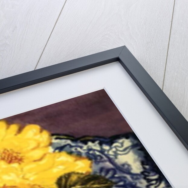 Yellow Roses in a Blue and White Vase with Patterned Blue and White Textiles by Joan Thewsey