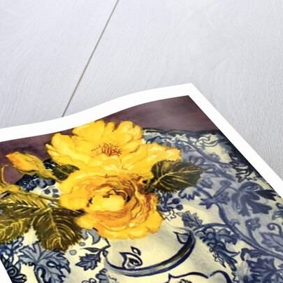 Yellow Roses in a Blue and White Vase with Patterned Blue and White Textiles by Joan Thewsey