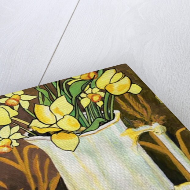 Tulips and Daffodils in a White Jug, with textiles, pomegranate and pear by Joan Thewsey