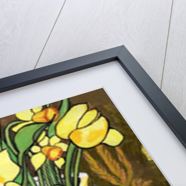 Tulips and Daffodils in a White Jug, with textiles, pomegranate and pear by Joan Thewsey