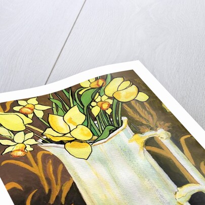 Tulips and Daffodils in a White Jug, with textiles, pomegranate and pear by Joan Thewsey