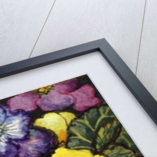 Three Yellow Primroses surrounded by mauve and purple primroses and leaves by Joan Thewsey