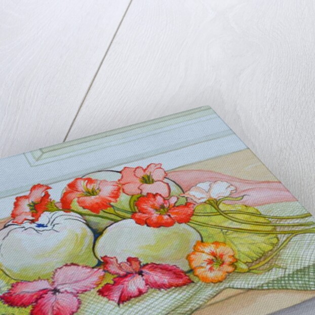 Apples and Nasturtium on a green check cloth by Joan Thewsey