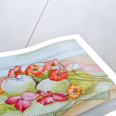 Apples and Nasturtium on a green check cloth by Joan Thewsey