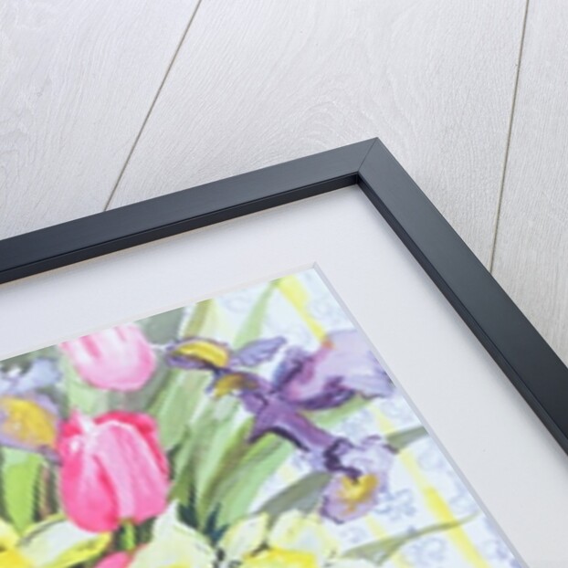 Daffodils, Tulips and Irises with Blue Antique Pots by Joan Thewsey