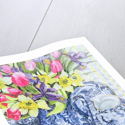 Daffodils, Tulips and Irises with Blue Antique Pots by Joan Thewsey